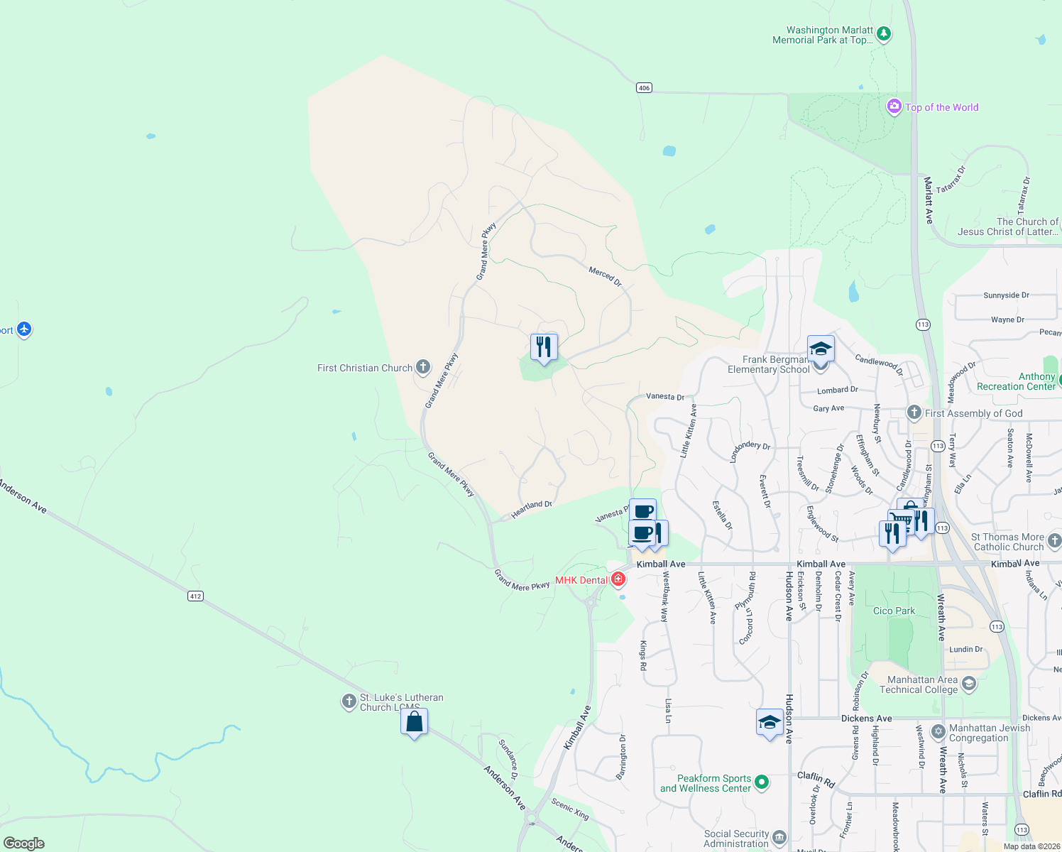 map of restaurants, bars, coffee shops, grocery stores, and more near 2731 Heartland Dr in Manhattan