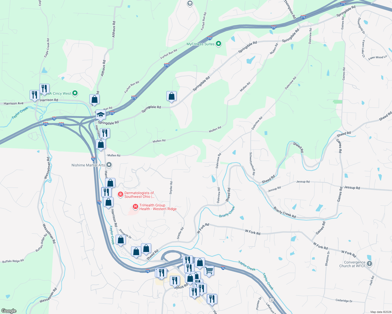 map of restaurants, bars, coffee shops, grocery stores, and more near 7154 Vail Court in Cincinnati