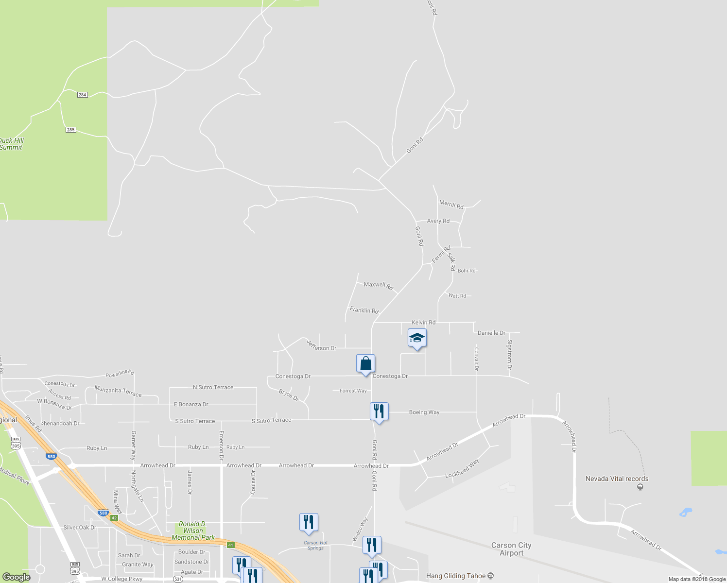 map of restaurants, bars, coffee shops, grocery stores, and more near 1857 Maxwell Road in Carson City