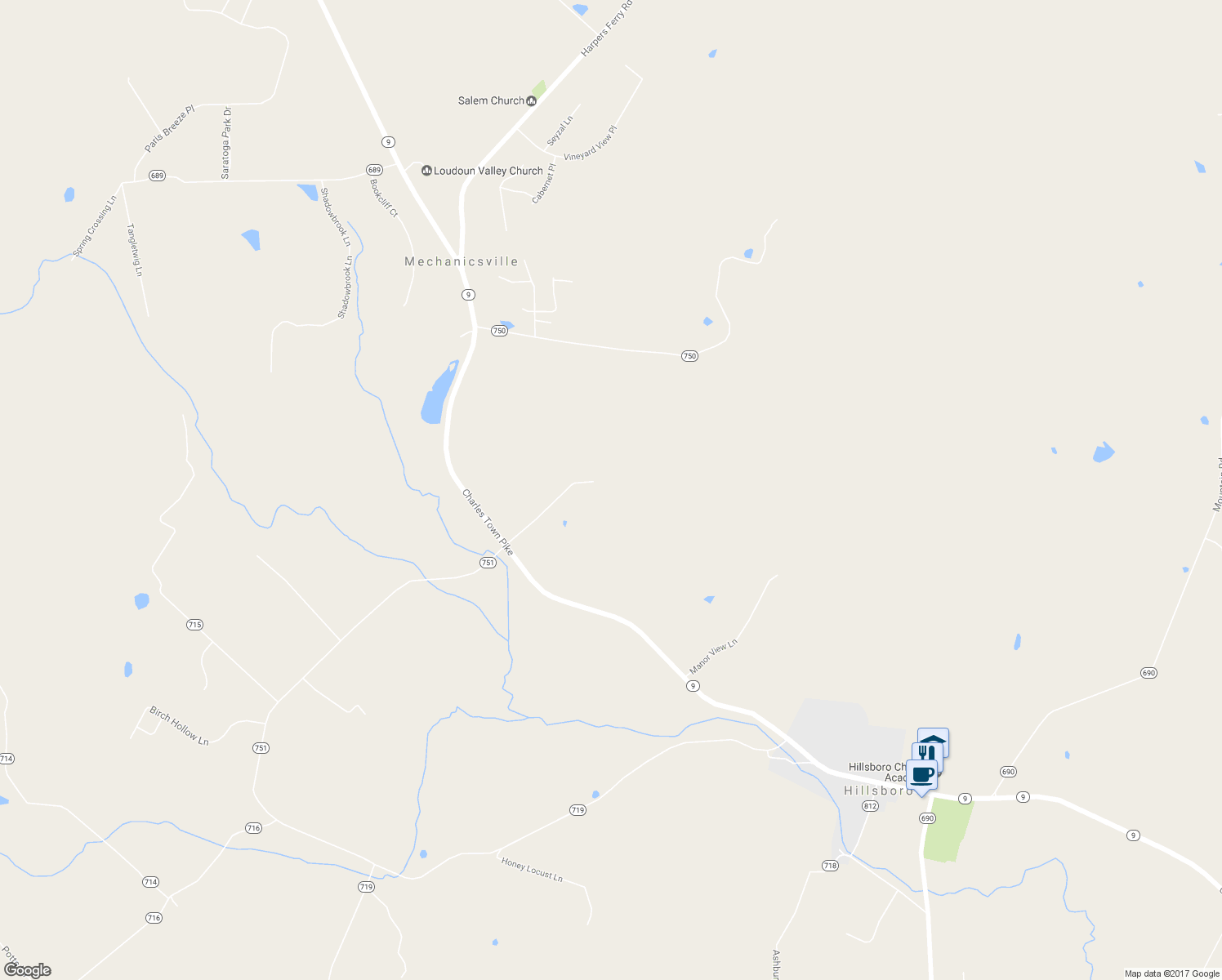 map of restaurants, bars, coffee shops, grocery stores, and more near 36454 Charles Town Pike in Purcellville