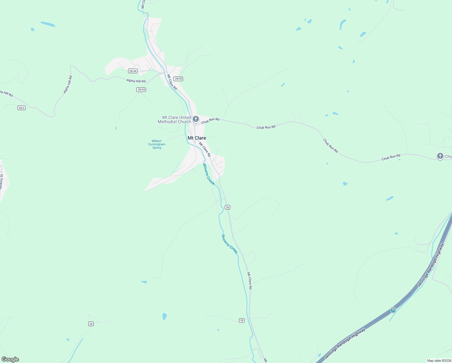 map of restaurants, bars, coffee shops, grocery stores, and more near County Route 25 in Mount Clare
