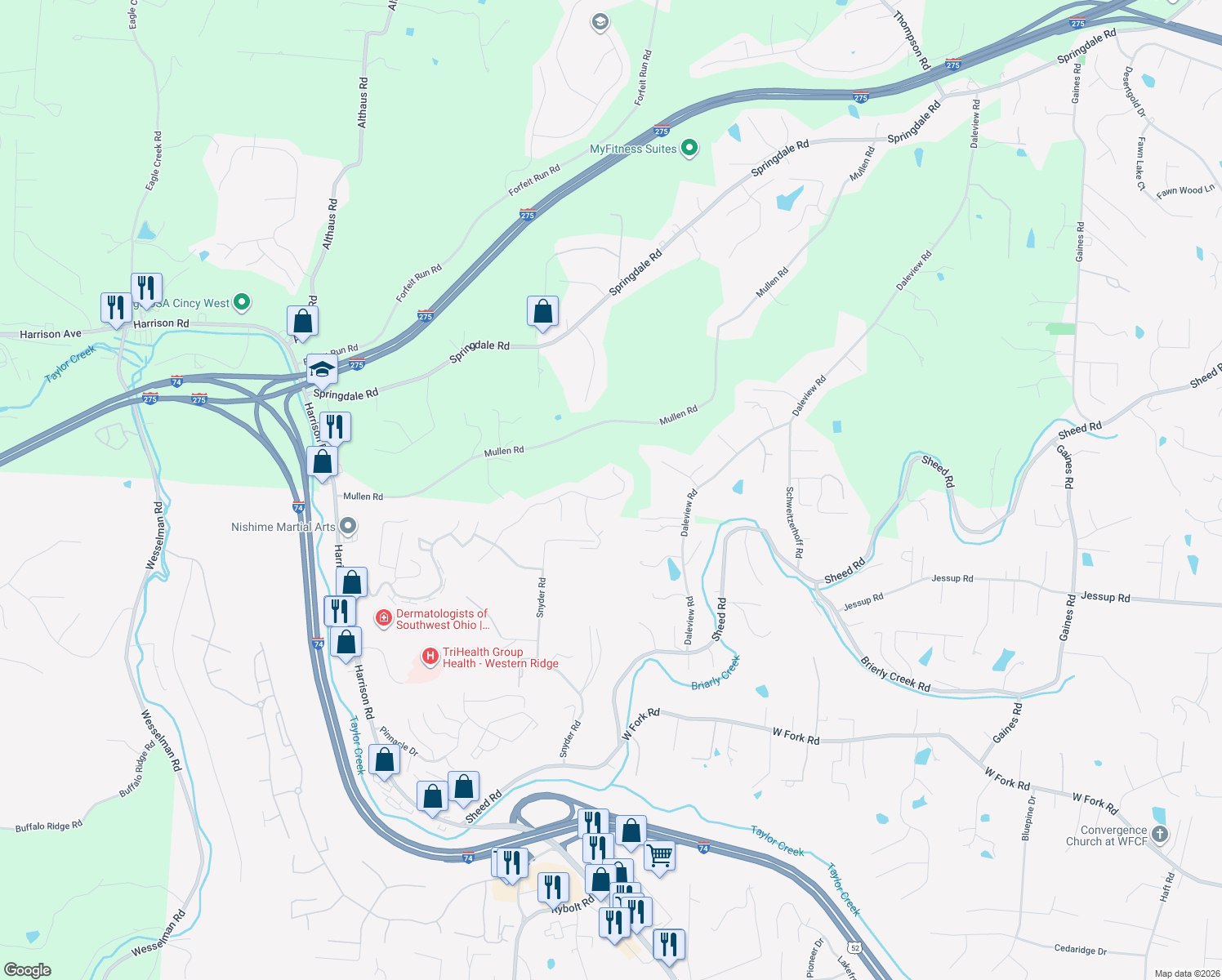 map of restaurants, bars, coffee shops, grocery stores, and more near 7154 Vail Court in Cincinnati