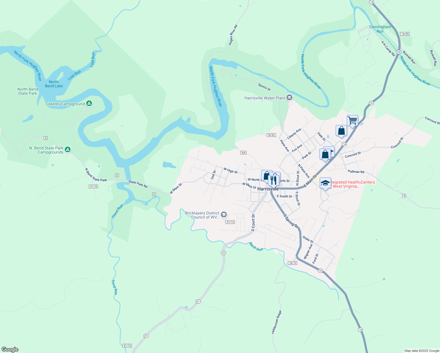 map of restaurants, bars, coffee shops, grocery stores, and more near 215 Memorial St in Harrisville