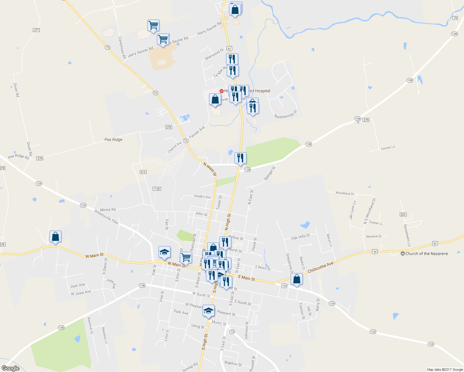 map of restaurants, bars, coffee shops, grocery stores, and more near 723 North High Street in Hillsboro