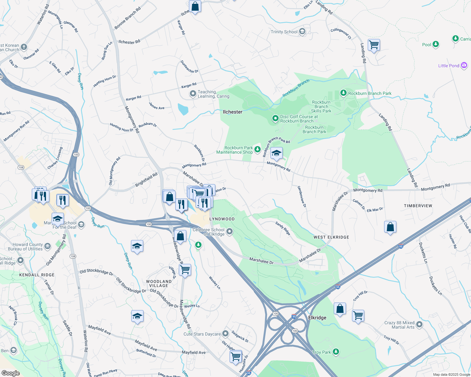 map of restaurants, bars, coffee shops, grocery stores, and more near 5953 Avalon Drive in Elkridge