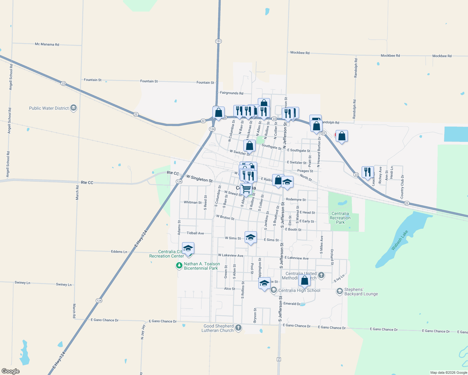 map of restaurants, bars, coffee shops, grocery stores, and more near 308 West Singleton Street in Centralia