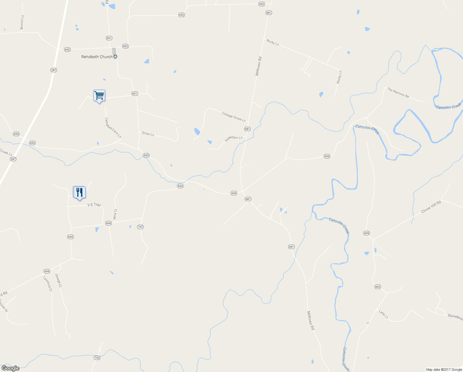 map of restaurants, bars, coffee shops, grocery stores, and more near 39576 John Wolford Road in Waterford