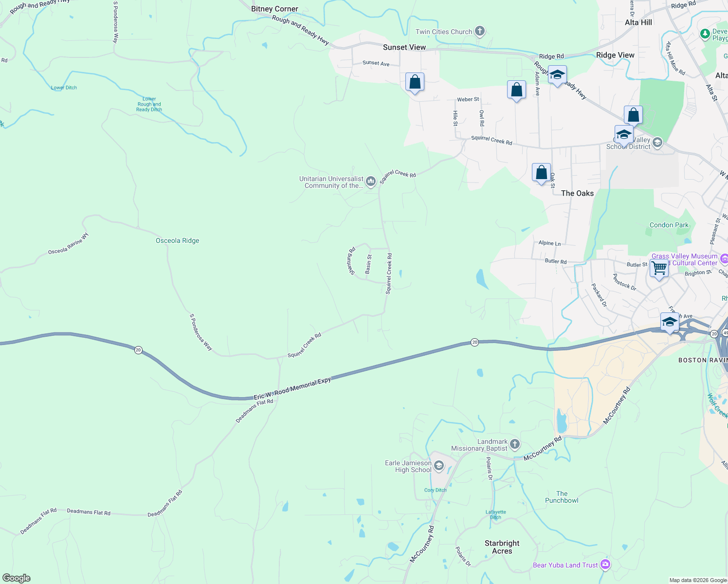 map of restaurants, bars, coffee shops, grocery stores, and more near 13100 Squirrel Creek Road in Grass Valley