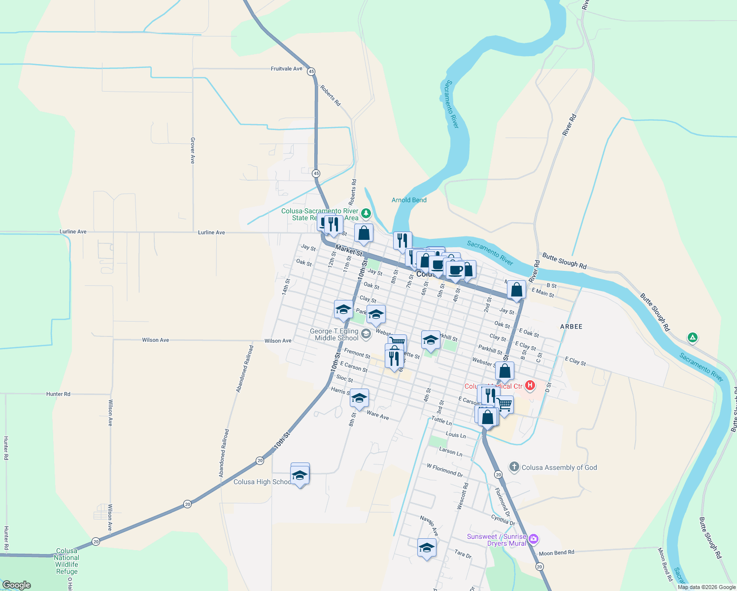 map of restaurants, bars, coffee shops, grocery stores, and more near 430 9th Street in Colusa