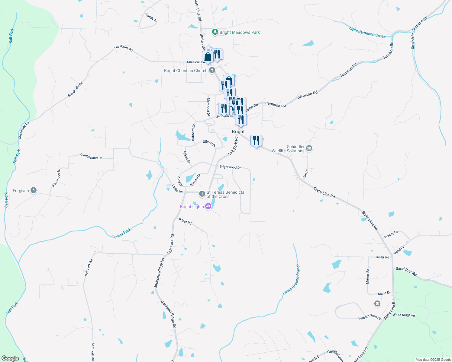 map of restaurants, bars, coffee shops, grocery stores, and more near 2143 Lamplight Drive in Lawrenceburg
