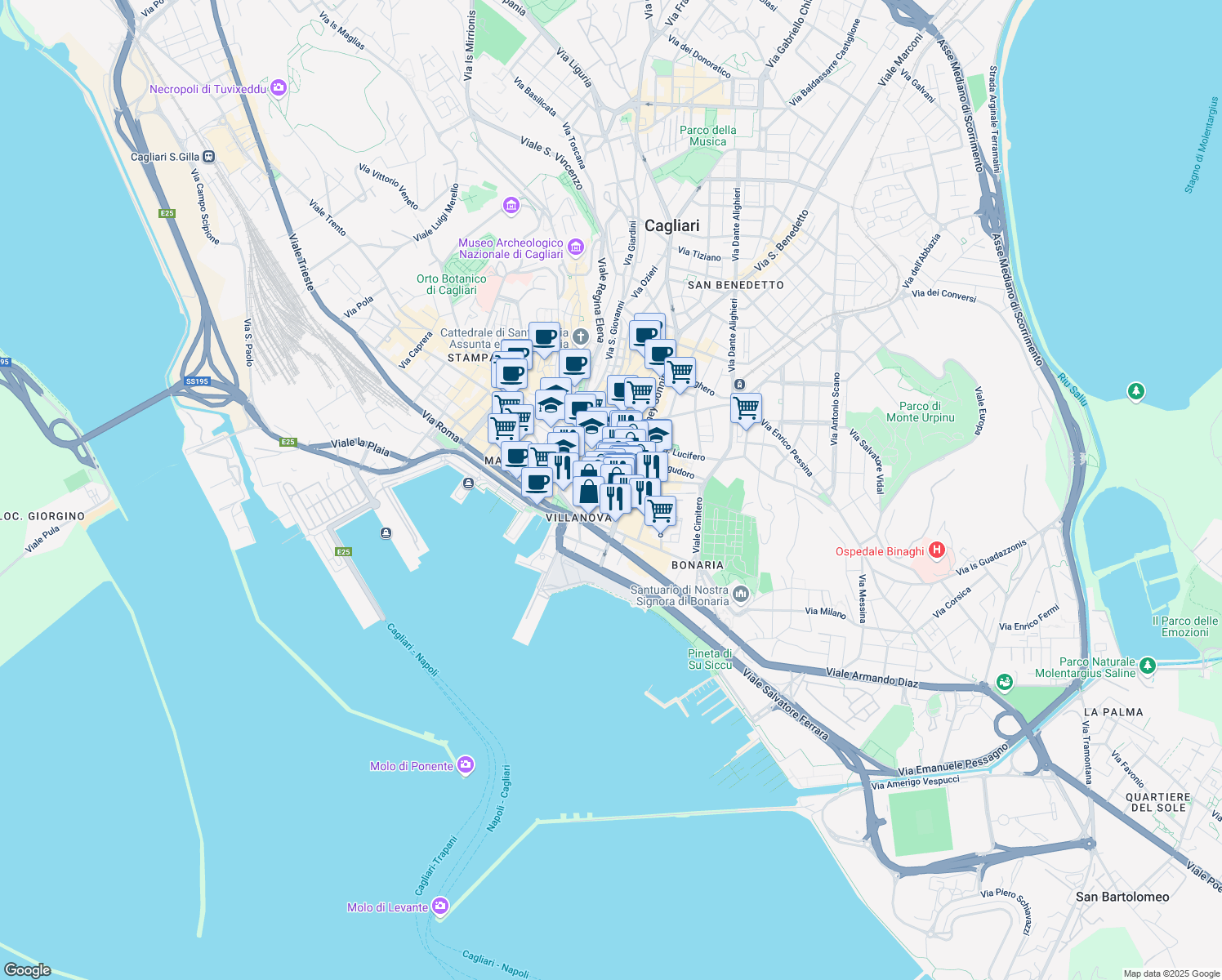 map of restaurants, bars, coffee shops, grocery stores, and more near 39 Via XX Settembre in Cagliari