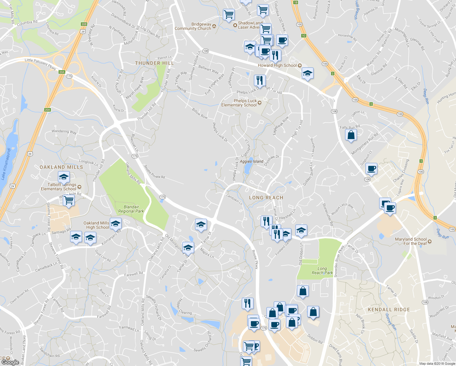 map of restaurants, bars, coffee shops, grocery stores, and more near 8964 Blue Pool in Columbia