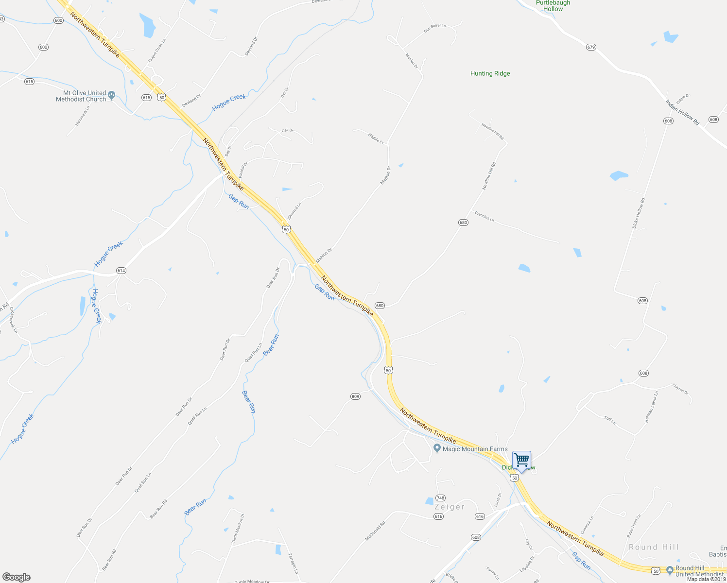 map of restaurants, bars, coffee shops, grocery stores, and more near 4040 Northwestern Turnpike in Winchester