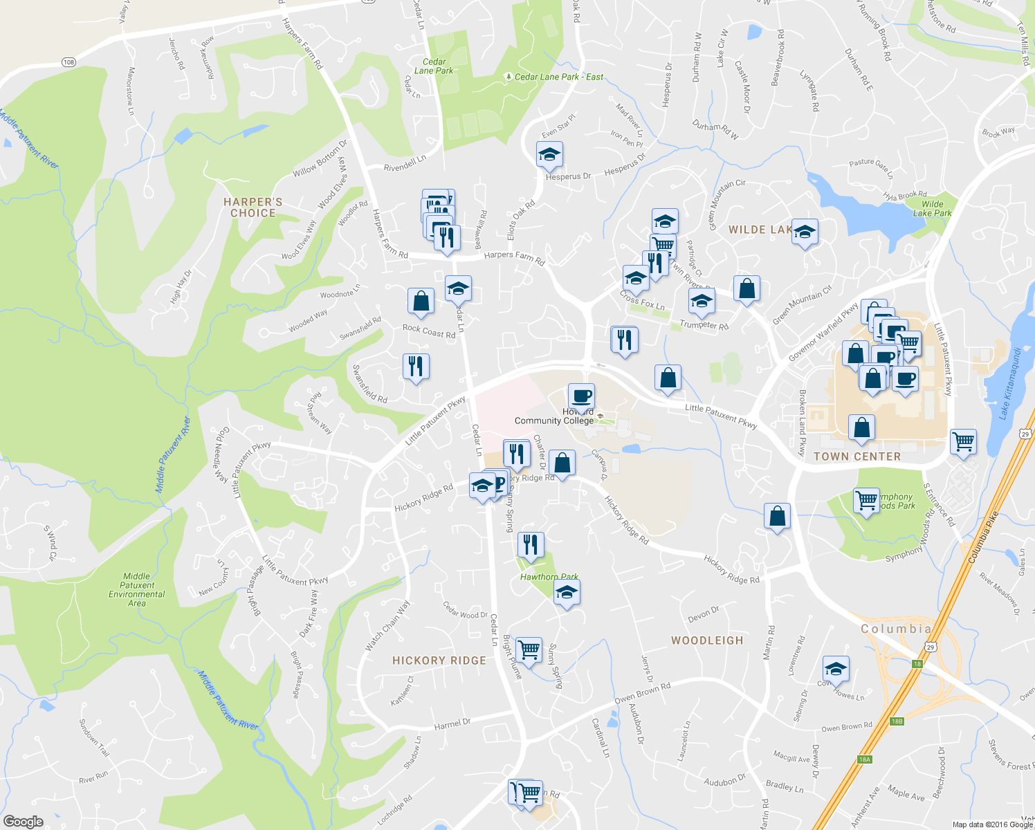 map of restaurants, bars, coffee shops, grocery stores, and more near 11085 Little Patuxent Parkway in Columbia