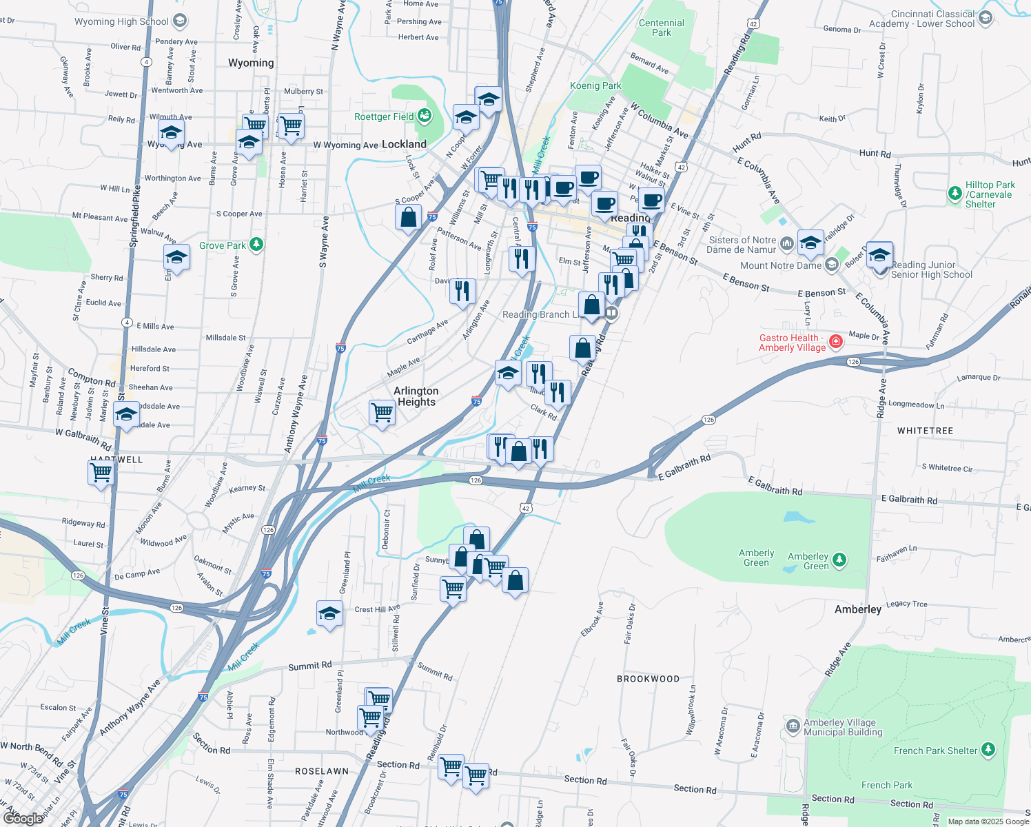 map of restaurants, bars, coffee shops, grocery stores, and more near 255 Ohio Avenue in Cincinnati