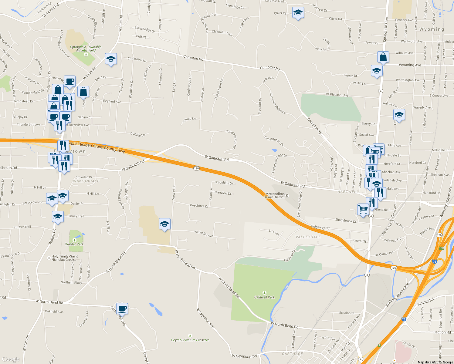 map of restaurants, bars, coffee shops, grocery stores, and more near 7705 Shadyslope Court in Cincinnati