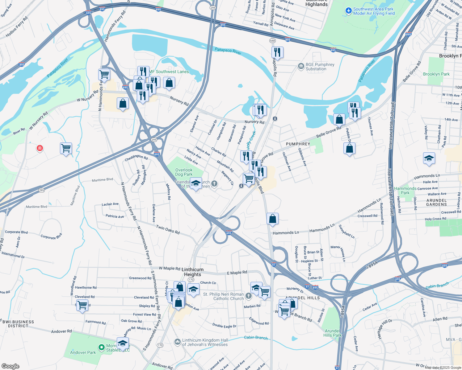 map of restaurants, bars, coffee shops, grocery stores, and more near 302 Regency Circle in Linthicum Heights