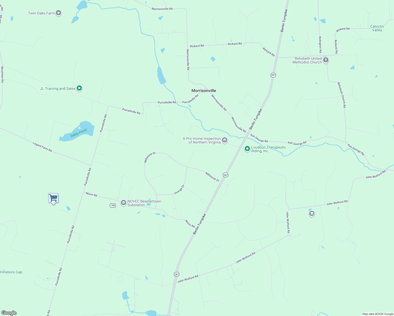 map of restaurants, bars, coffee shops, grocery stores, and more near 14520 Flax Ct in Purcellville