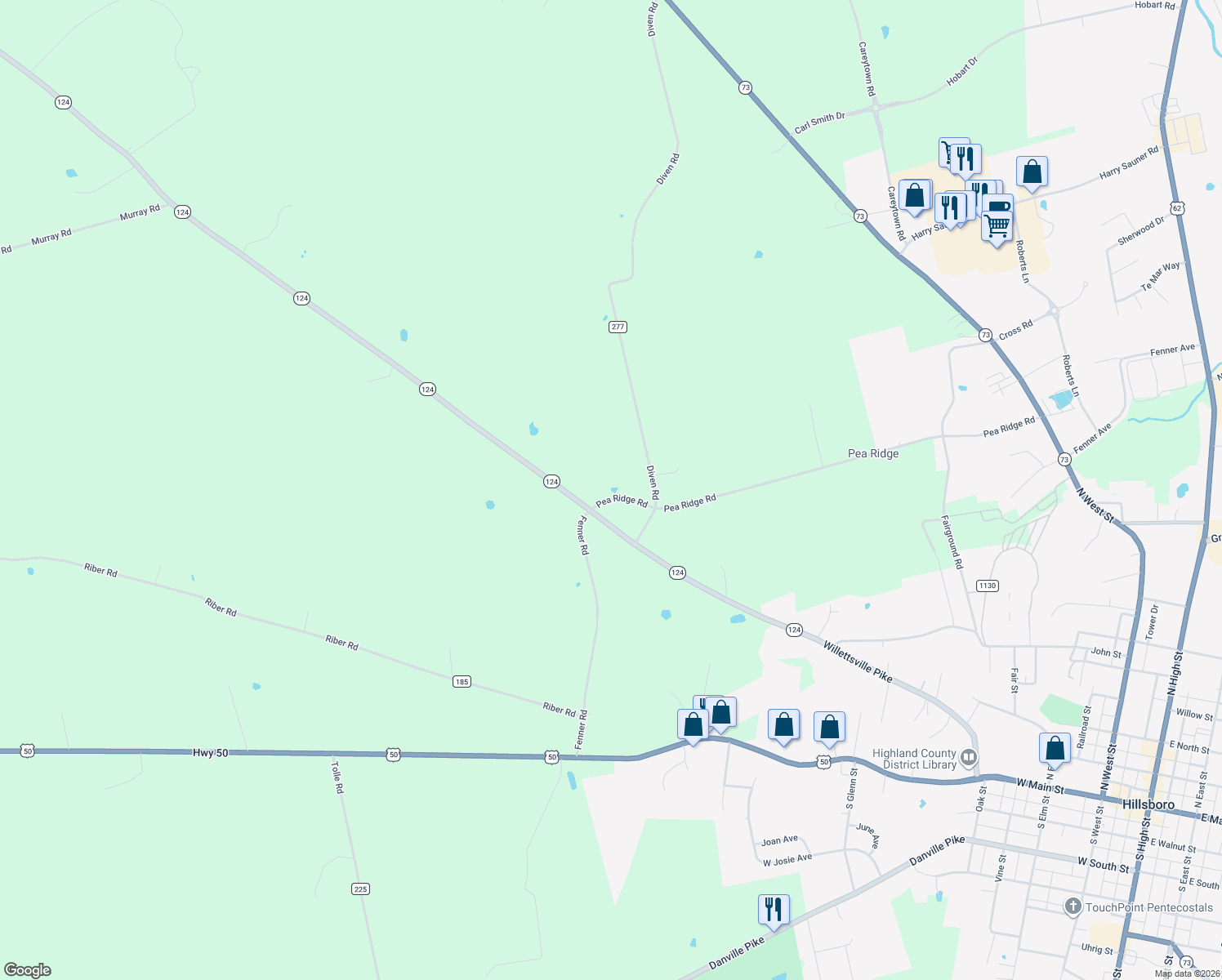 map of restaurants, bars, coffee shops, grocery stores, and more near 6805 Pea Ridge Road in Hillsboro