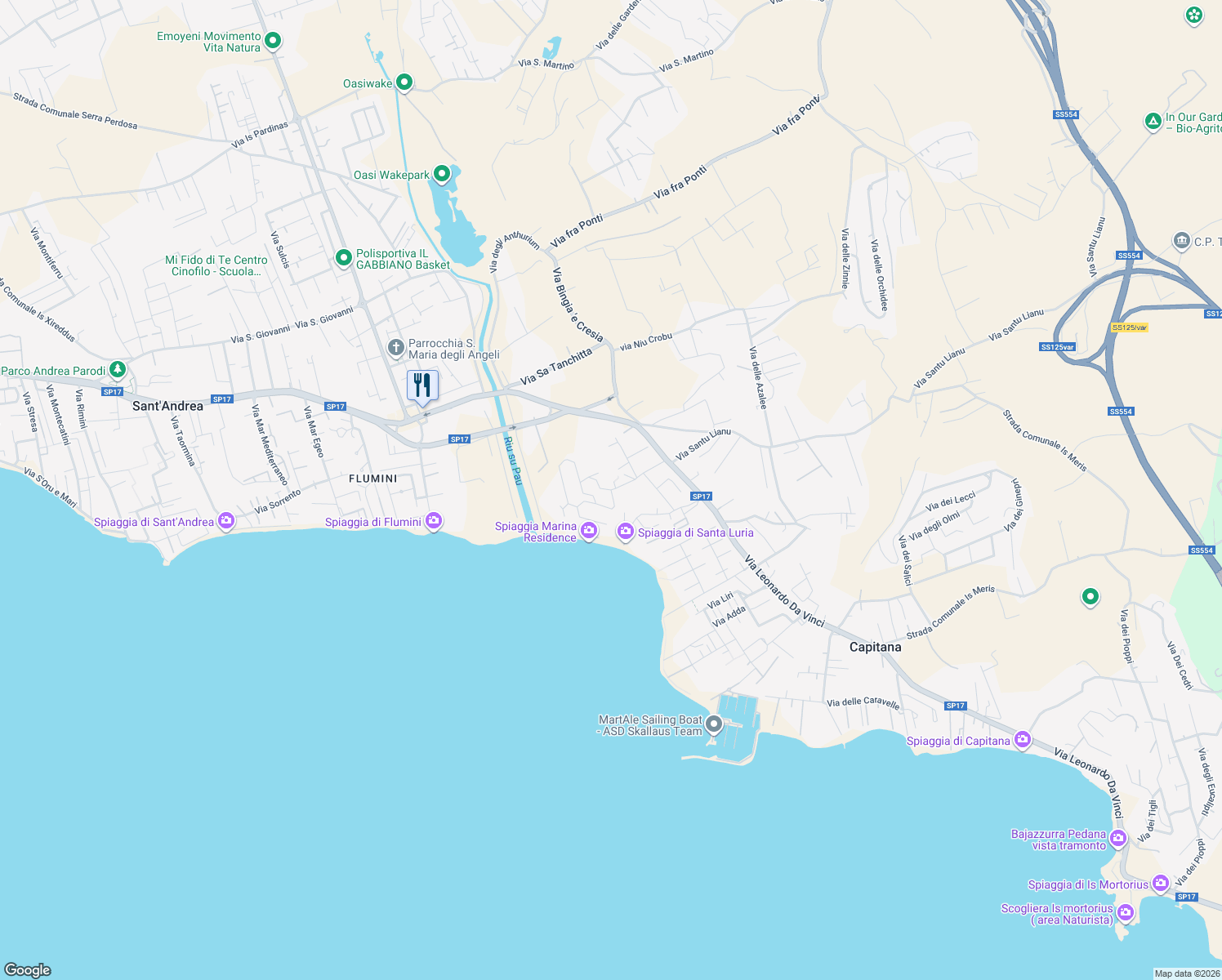 map of restaurants, bars, coffee shops, grocery stores, and more near 88 Via Lago Varese in Quartu Sant'Elena