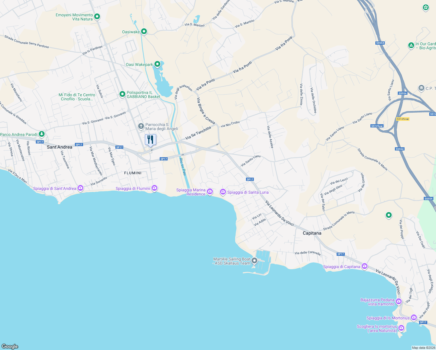 map of restaurants, bars, coffee shops, grocery stores, and more near 88 Via Lago di Varese in Quartu Sant'Elena