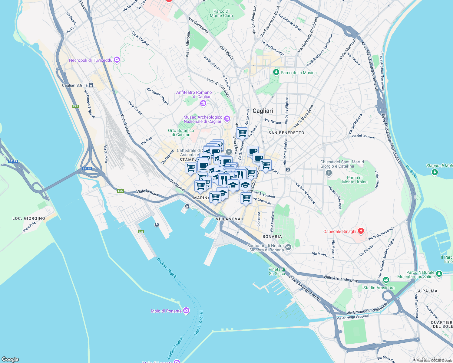 map of restaurants, bars, coffee shops, grocery stores, and more near Piazza Costituzione in Cagliari