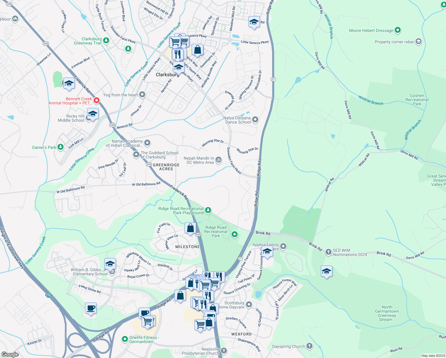 map of restaurants, bars, coffee shops, grocery stores, and more near 21725 Brink Meadow Lane in Germantown
