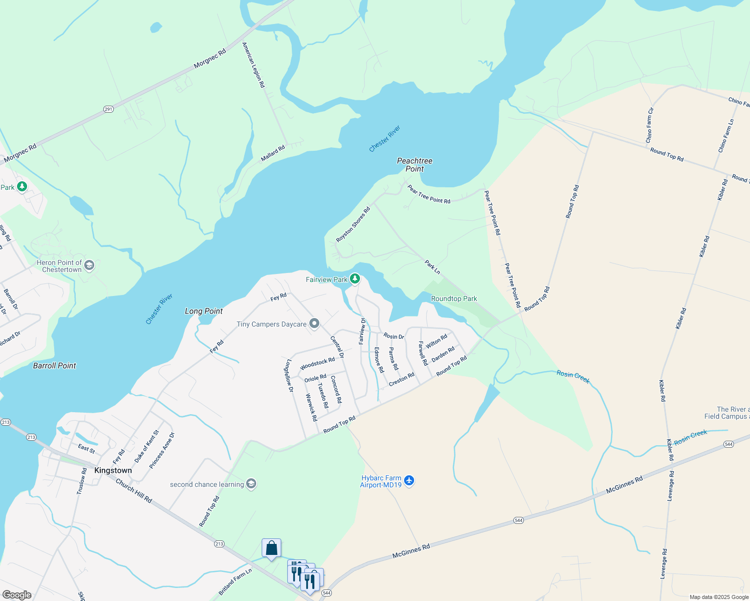 map of restaurants, bars, coffee shops, grocery stores, and more near 724 Rosin Drive in Chestertown