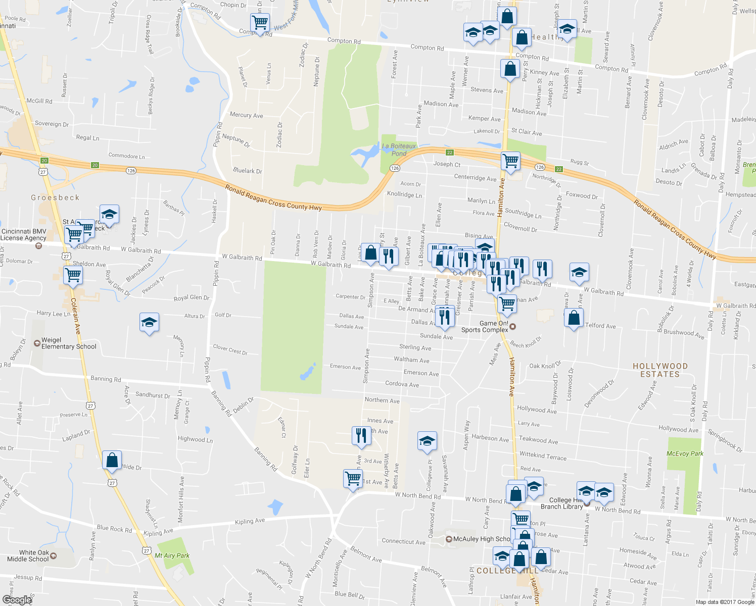 map of restaurants, bars, coffee shops, grocery stores, and more near 1944 De Armand Avenue in Cincinnati
