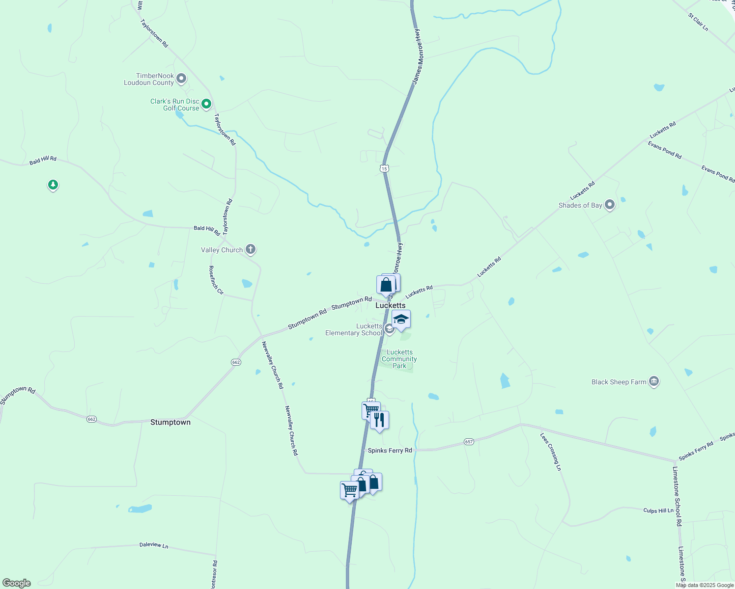 map of restaurants, bars, coffee shops, grocery stores, and more near 42380 Stumptown Road in Leesburg