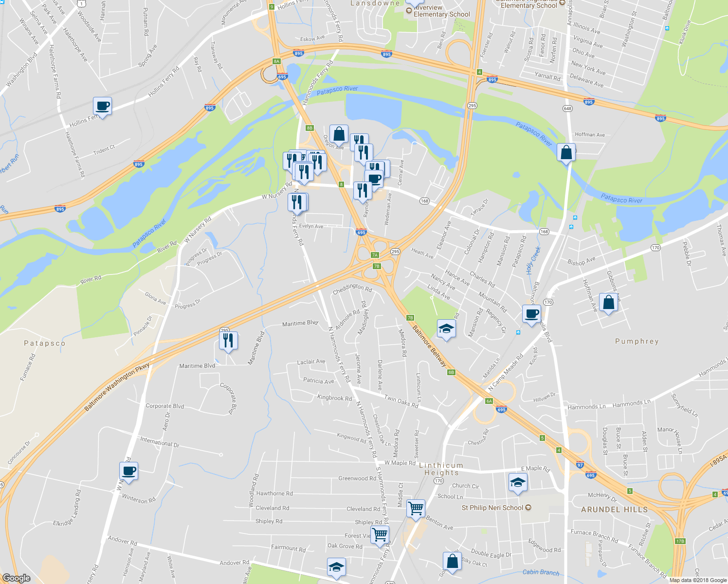 map of restaurants, bars, coffee shops, grocery stores, and more near 215 Cheddington Road in Linthicum Heights