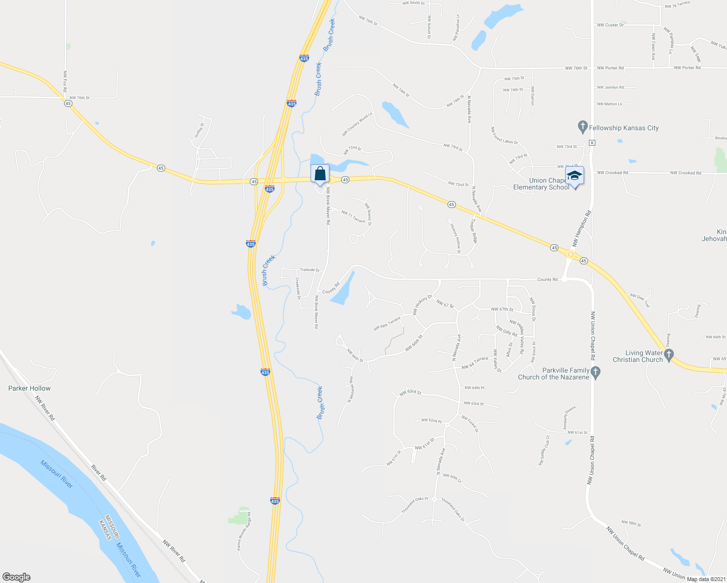 map of restaurants, bars, coffee shops, grocery stores, and more near 6779 Northwest Meyers Circle in Parkville