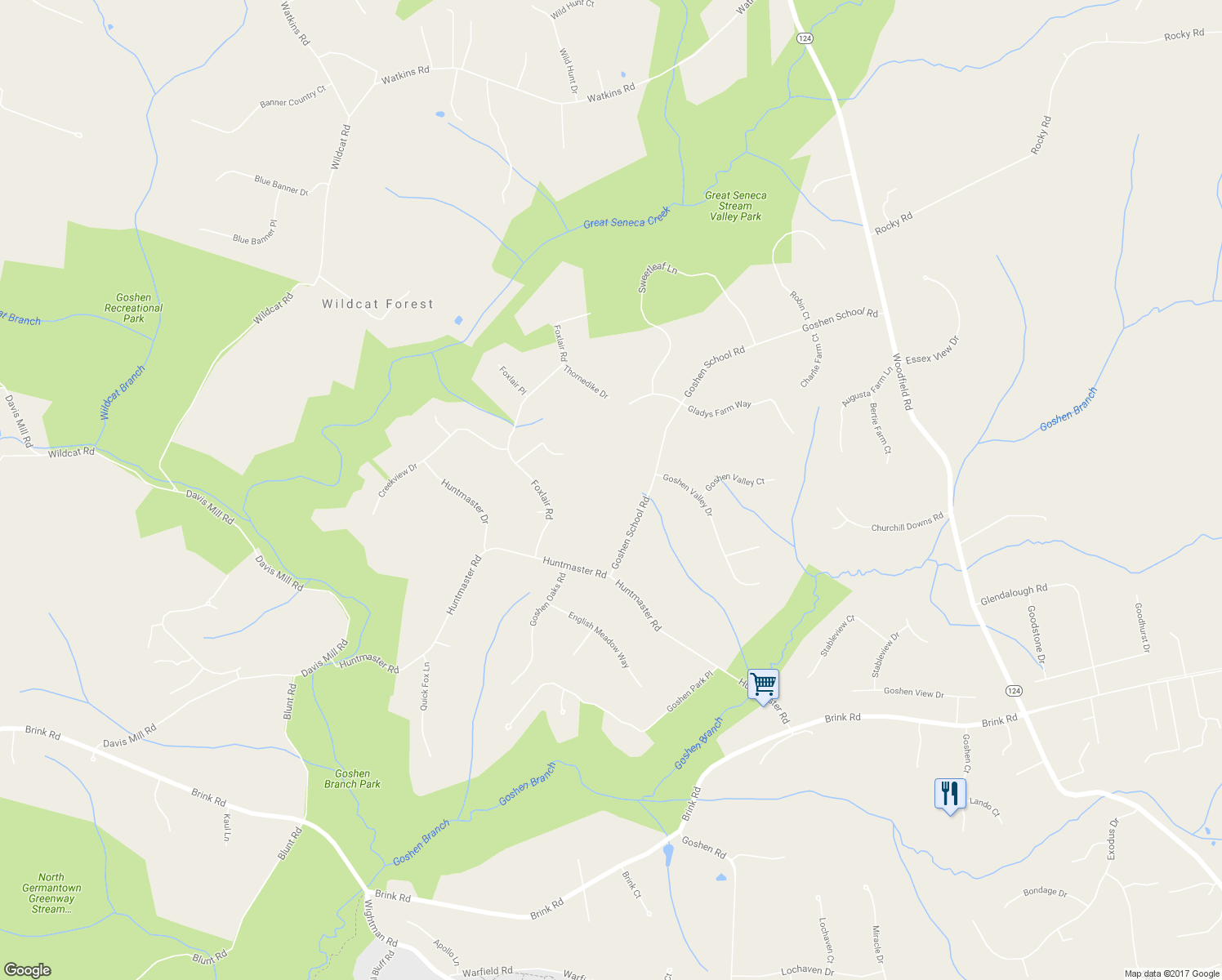 map of restaurants, bars, coffee shops, grocery stores, and more near 22004 Goshen School Road in Gaithersburg