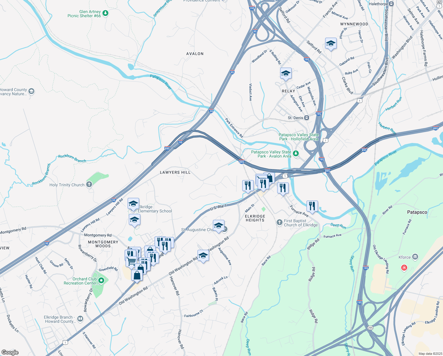 map of restaurants, bars, coffee shops, grocery stores, and more near 5847 Claremont Drive in Elkridge