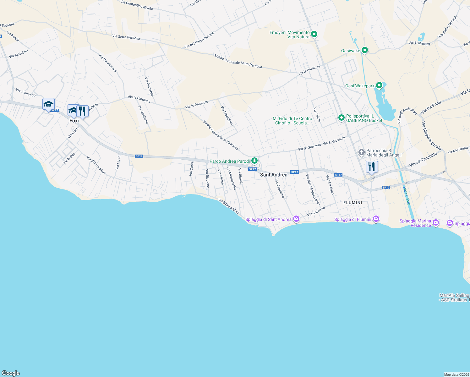 map of restaurants, bars, coffee shops, grocery stores, and more near 21 Via Montecatini in Quartu Sant'Elena