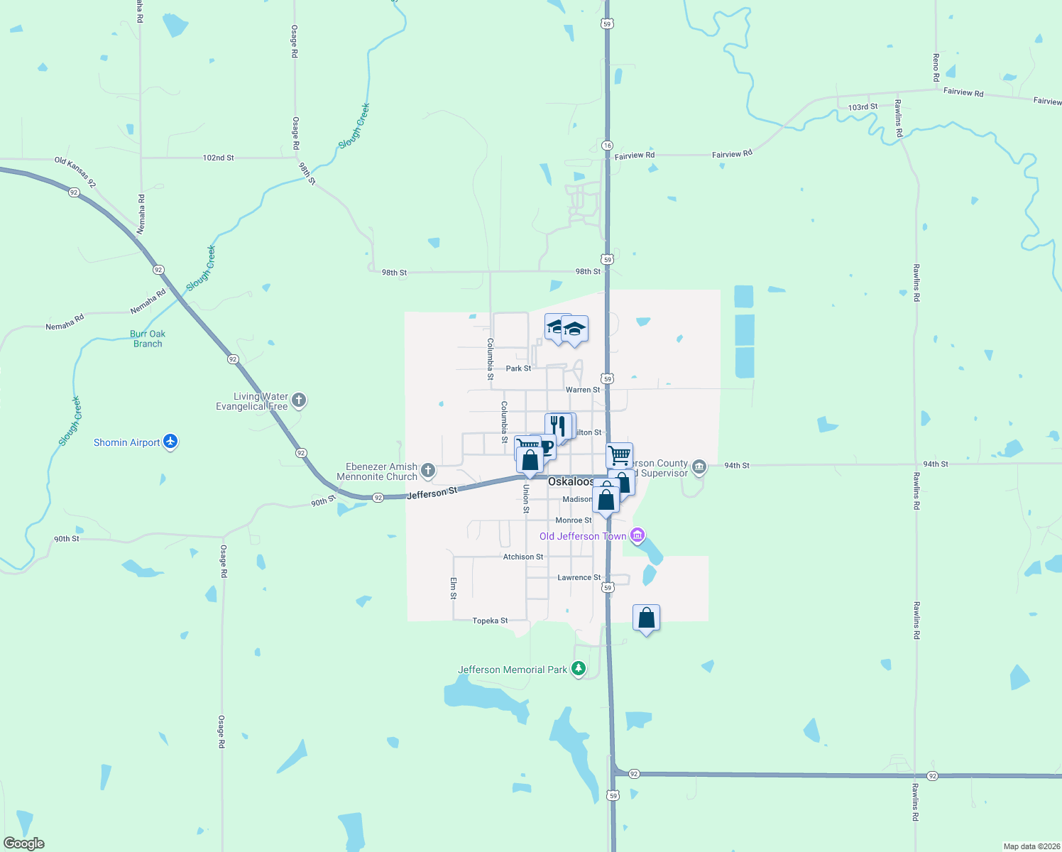 map of restaurants, bars, coffee shops, grocery stores, and more near 412 Hamilton St in Oskaloosa