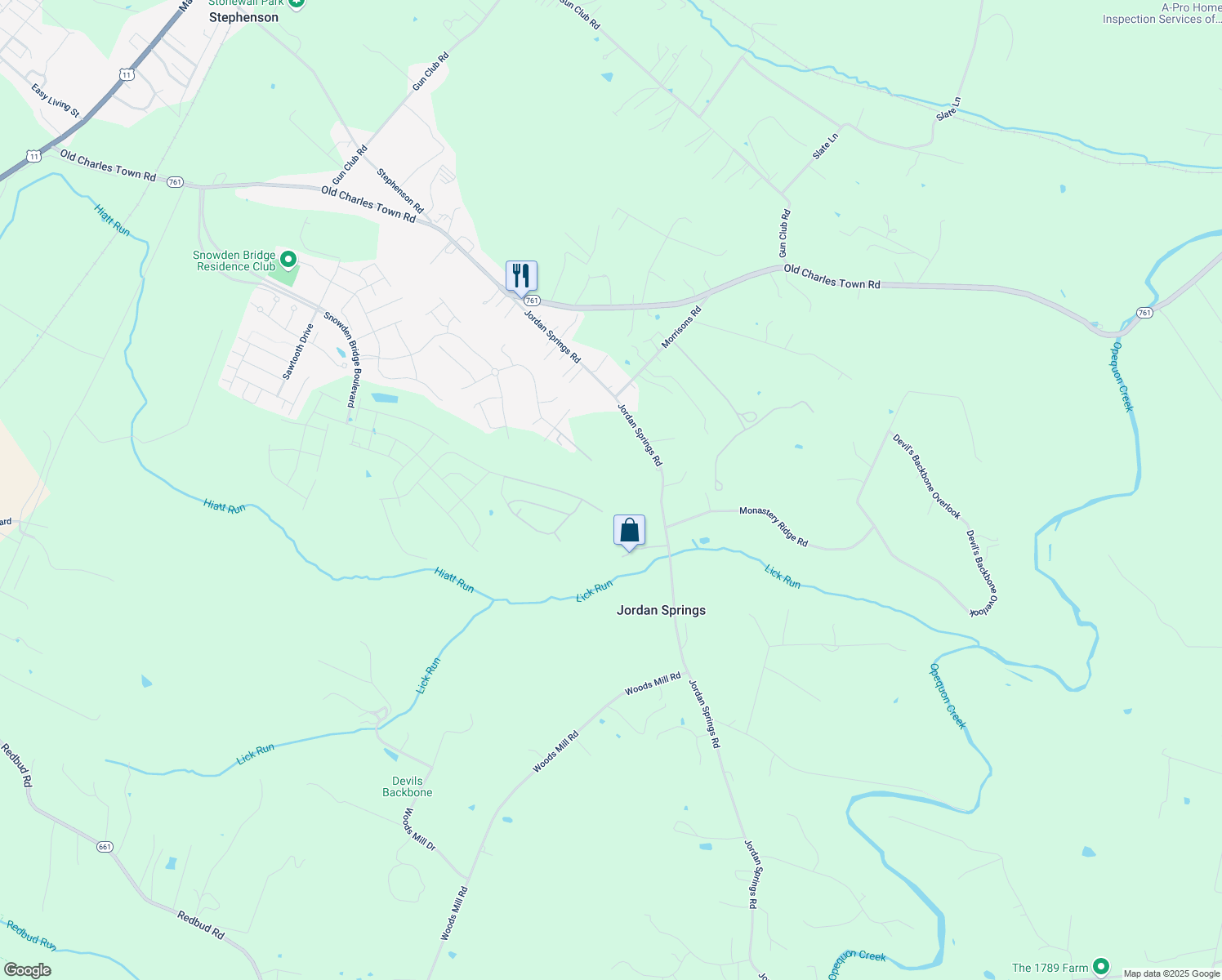 map of restaurants, bars, coffee shops, grocery stores, and more near 1054 Jordan Springs Road in Stephenson