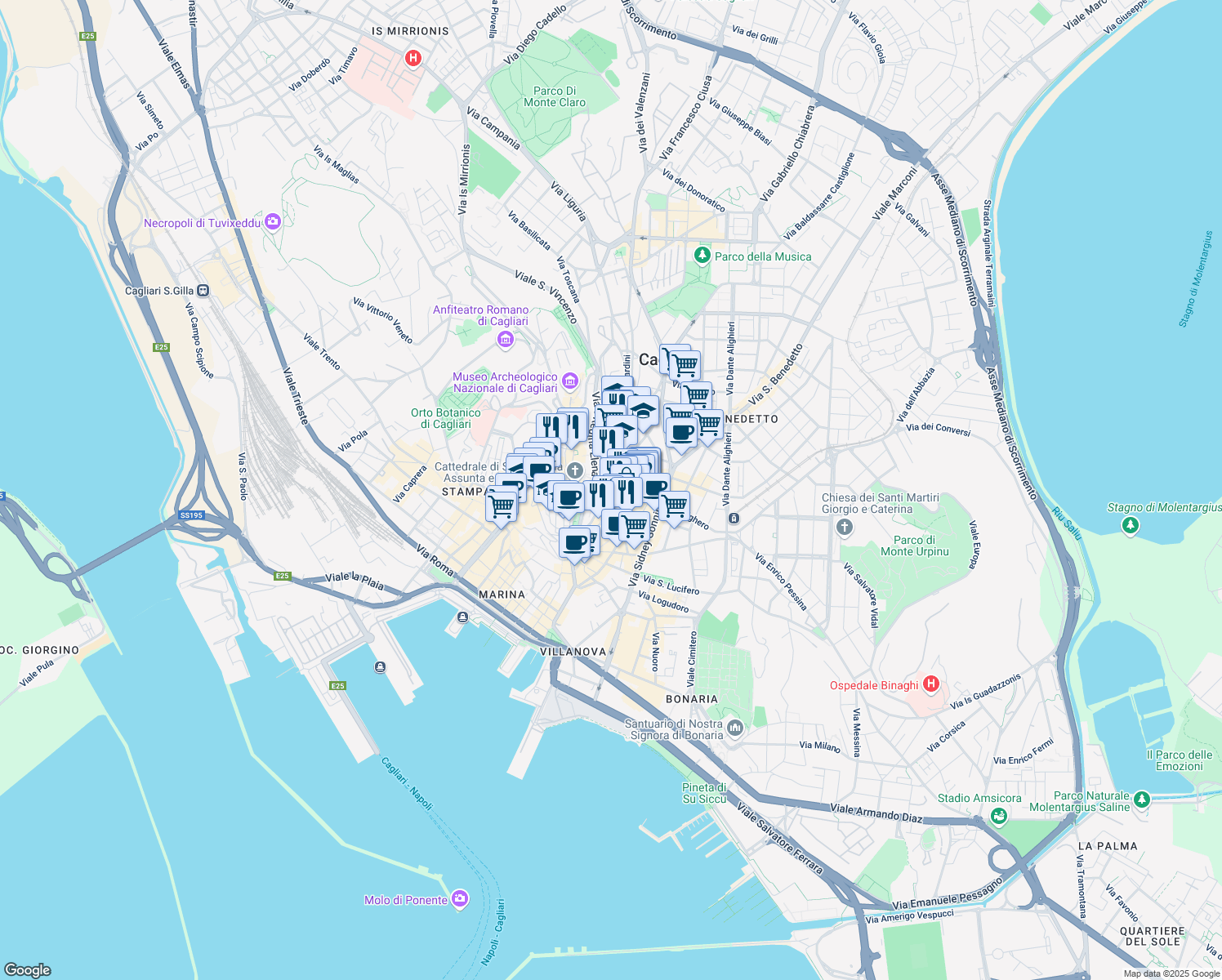 map of restaurants, bars, coffee shops, grocery stores, and more near Via Giovanni Antonio Piccioni in Cagliari