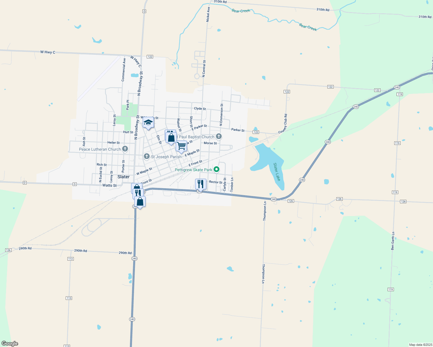map of restaurants, bars, coffee shops, grocery stores, and more near 298 South Emmerson Street in Slater