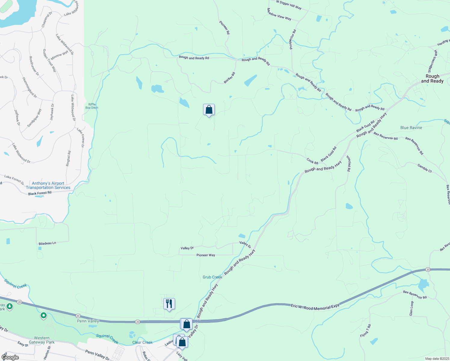 map of restaurants, bars, coffee shops, grocery stores, and more near 10431 Dolomite Court in Rough and Ready