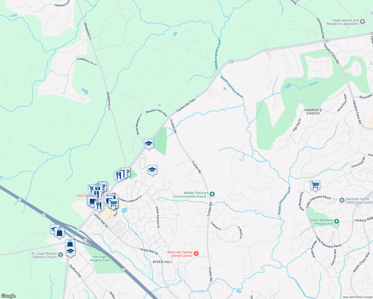 map of restaurants, bars, coffee shops, grocery stores, and more near 5509 Trotter Road in Clarksville