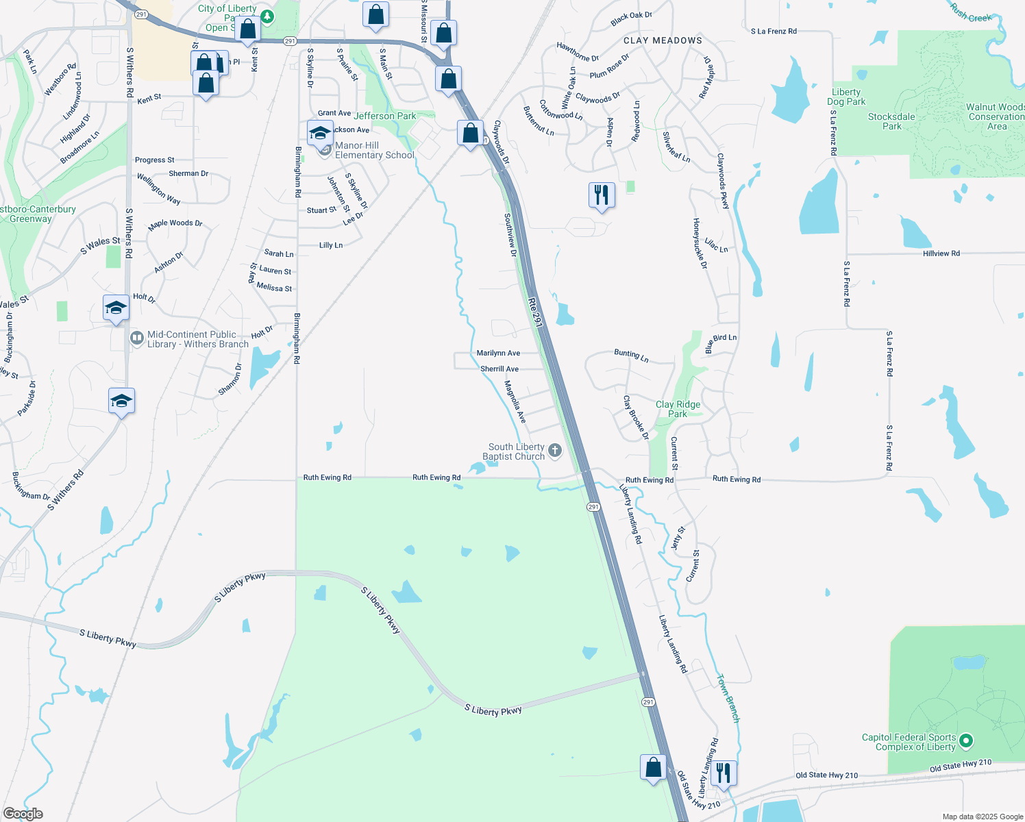 map of restaurants, bars, coffee shops, grocery stores, and more near 1616 Magnolia Ave in Liberty