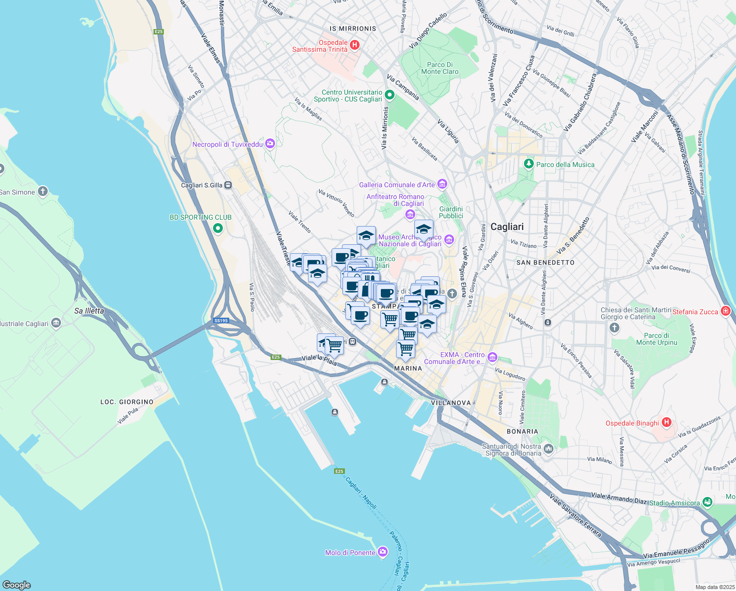 map of restaurants, bars, coffee shops, grocery stores, and more near 206 Corso Vittorio Emanuele II in Cagliari