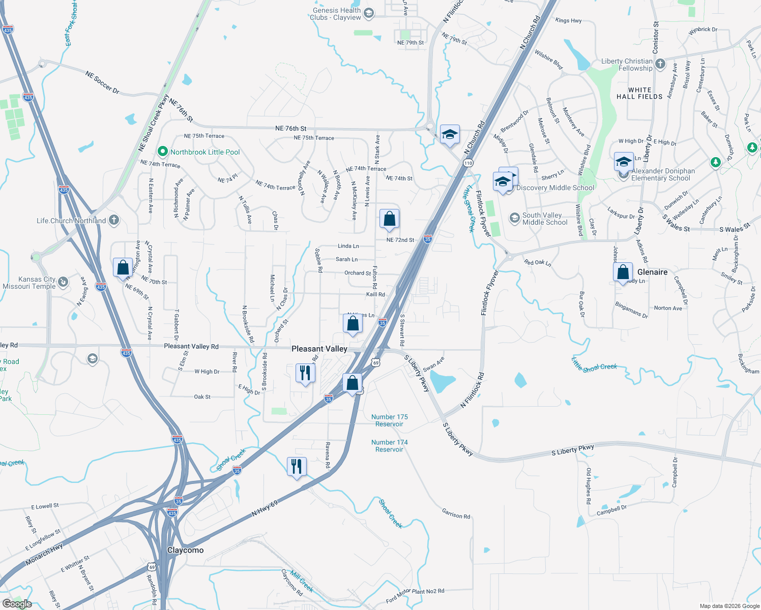 map of restaurants, bars, coffee shops, grocery stores, and more near 6901 Fulton Rd in Pleasant Valley