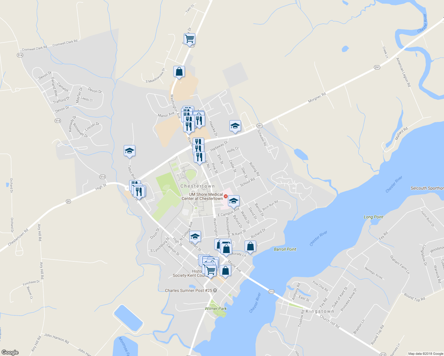 map of restaurants, bars, coffee shops, grocery stores, and more near 205 Pine Street in Chestertown
