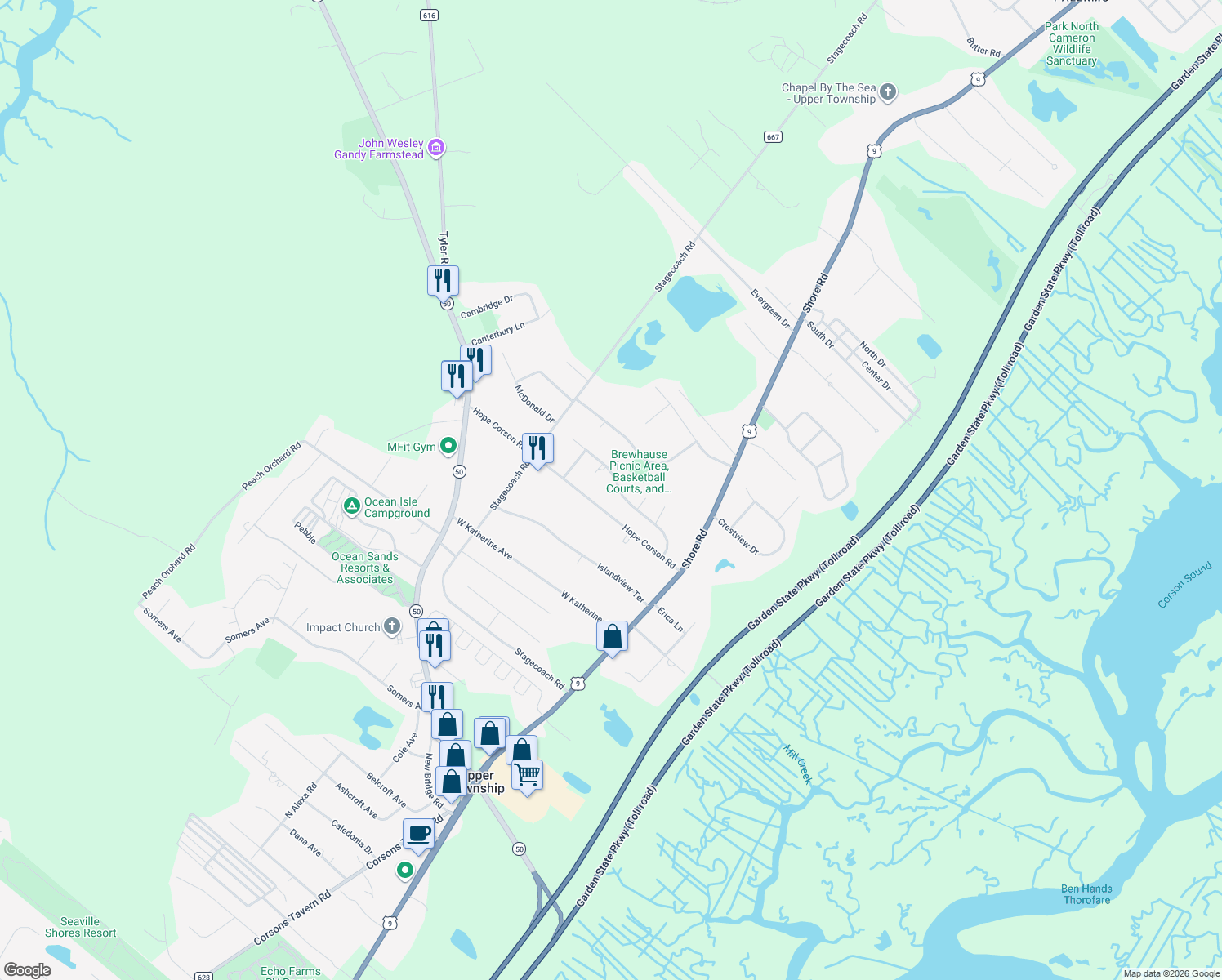 map of restaurants, bars, coffee shops, grocery stores, and more near 26 Foxborough Road in Cape May