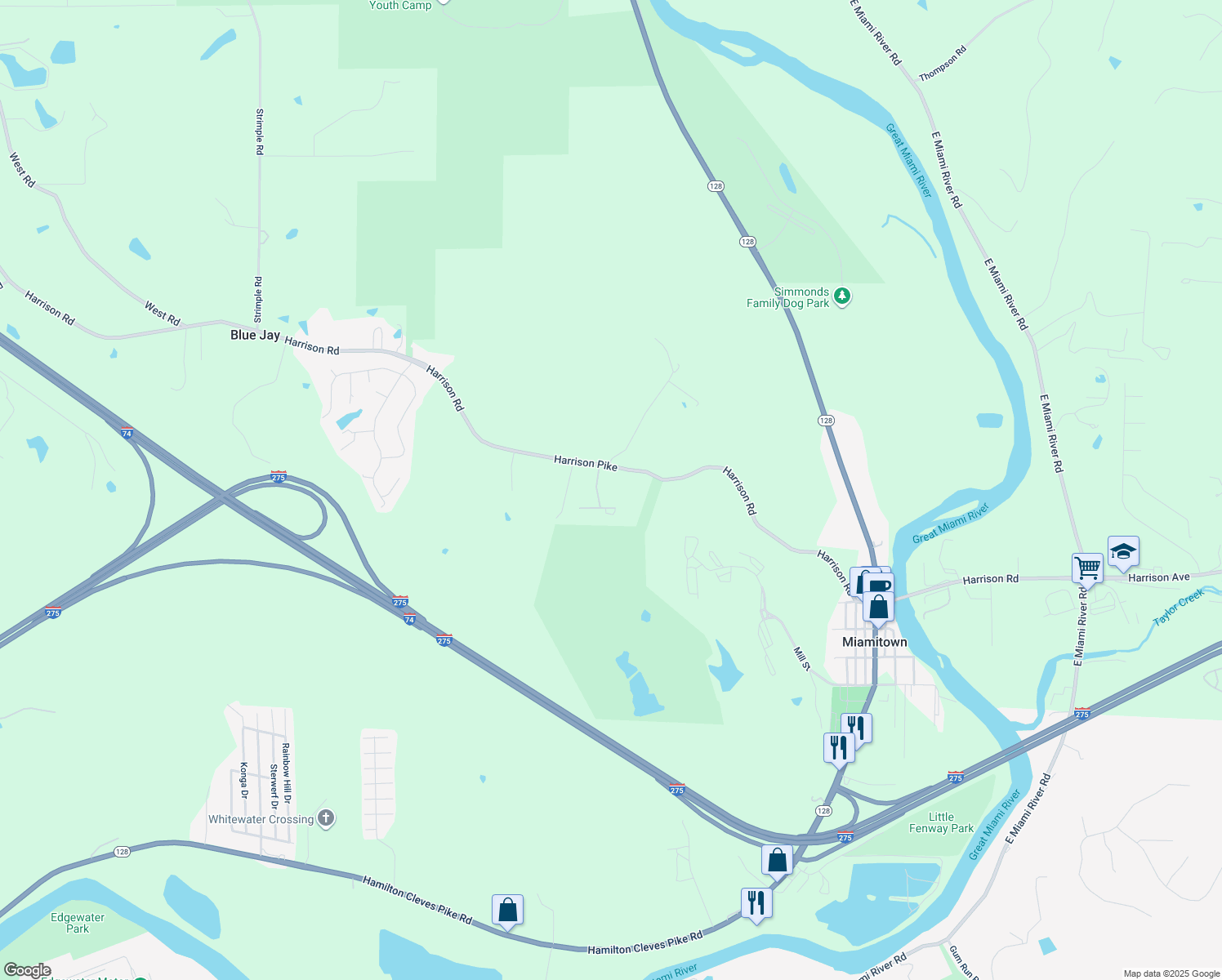 map of restaurants, bars, coffee shops, grocery stores, and more near 8489 Harrison Pike in Cleves