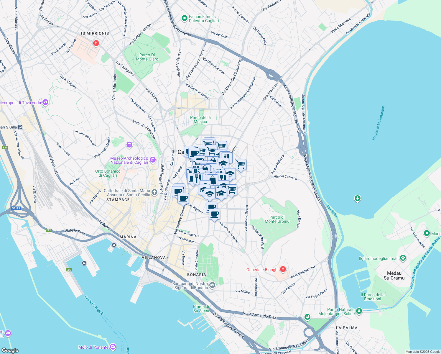 map of restaurants, bars, coffee shops, grocery stores, and more near 13 Via Gioacchino Rossini in Cagliari