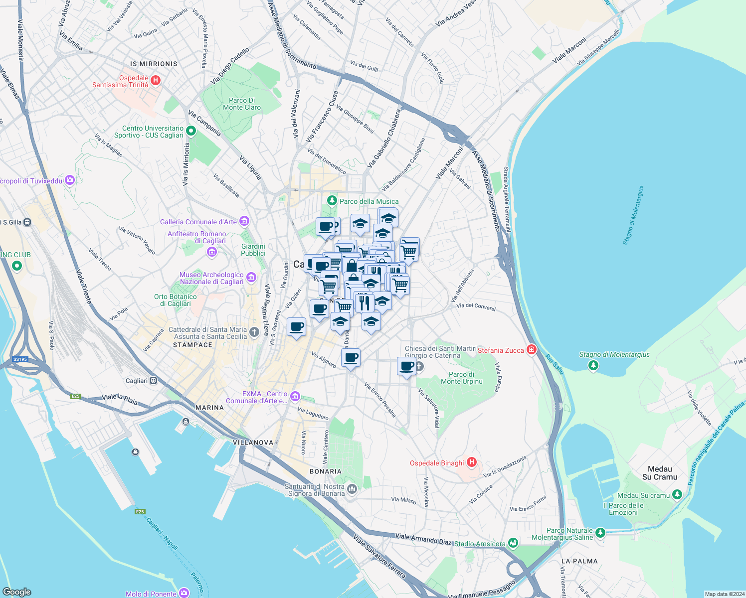 map of restaurants, bars, coffee shops, grocery stores, and more near 27 Via Gioacchino Rossini in Cagliari