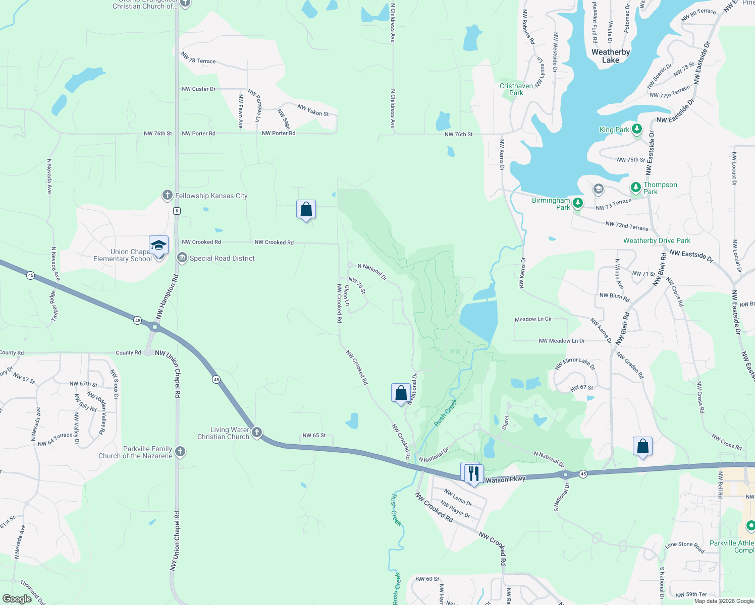 map of restaurants, bars, coffee shops, grocery stores, and more near 12028 Northwest 70 Street in Kansas City